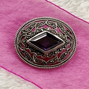 Vintage 925 Sterling Silver Marcasite Brooch Faceted Purple Stone Art Deco Style